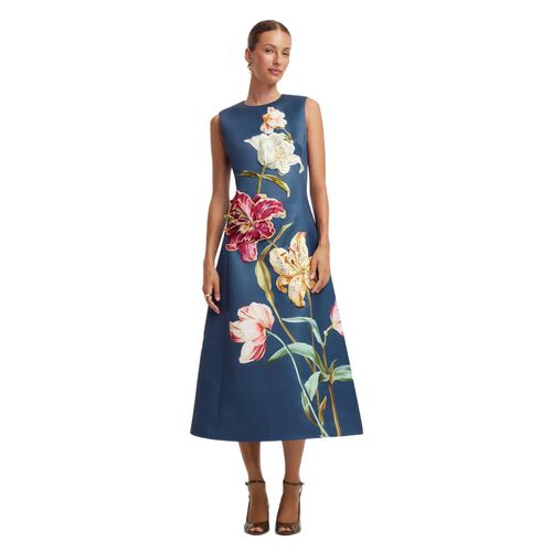 LEO LIN Cleo Embroidered Sleeveless Midi Dress - Lily Print In Indigo